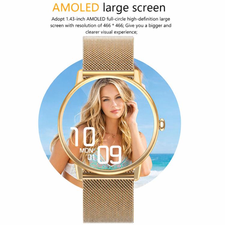 LOANIY Y86 1.43 Inch Heart Rate Monitoring Smart Bluetooth Watch, Gold Steel, Black Steel