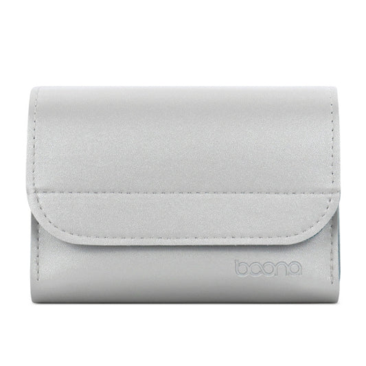 Silver and blue leather pouch displaying multiple compartments for cables and accessories