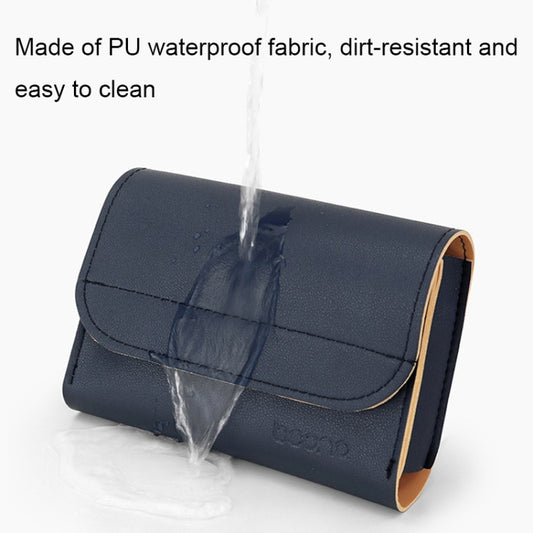 Flat lay arrangement of deep blue yellow digital storage pouch with measurement reference