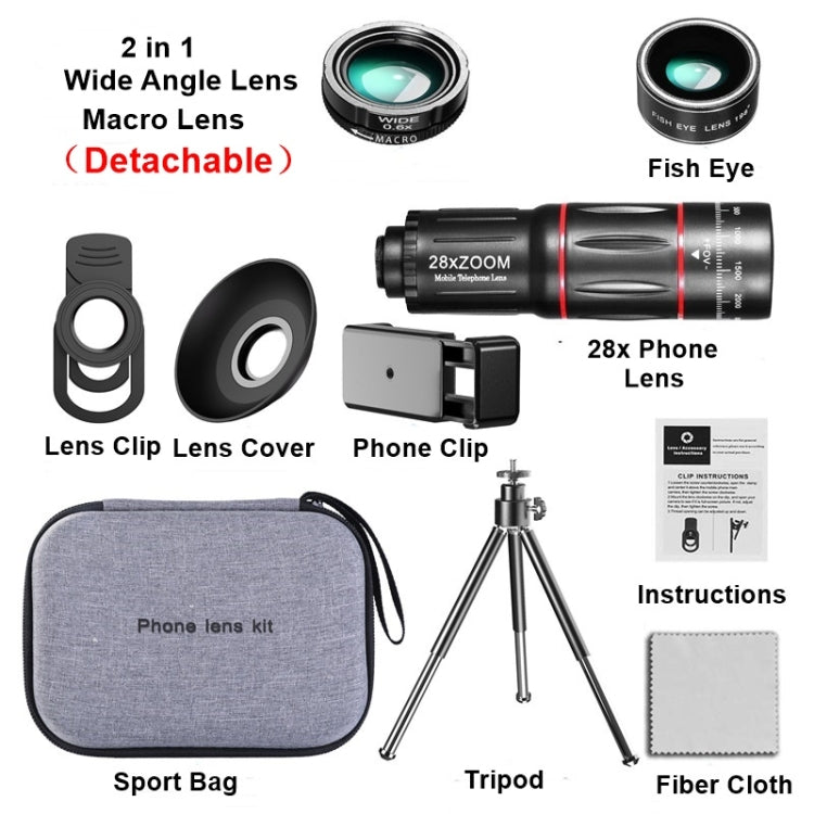 Mobile Phone Universal Lens Telescope 28X + Wide Angle 0.6X + Macro 20X + Fisheye 198 Degree Set