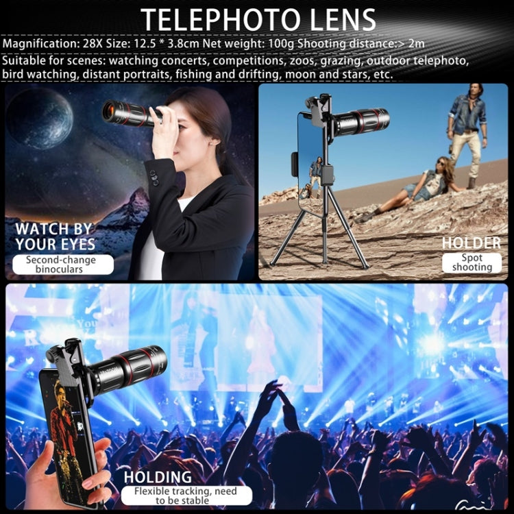 Mobile Phone Universal Lens Telescope 28X + Wide Angle 0.6X + Macro 20X + Fisheye 198 Degree Set