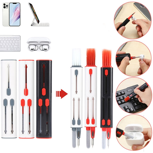 Black and red cleaning pen positioned next to wireless earbuds for size comparison
