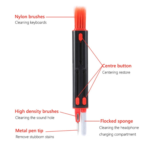 Portable white cleaning pen stored alongside Bluetooth earbuds in travel case