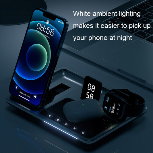 R11 wireless charger simultaneously powering smartphone, earbuds, and watch