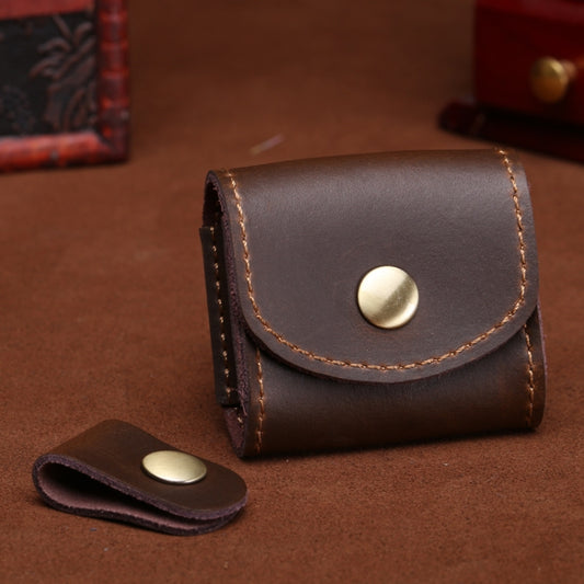 Vintage mini leather headphone bag in coffee brown with metal clasp closure
