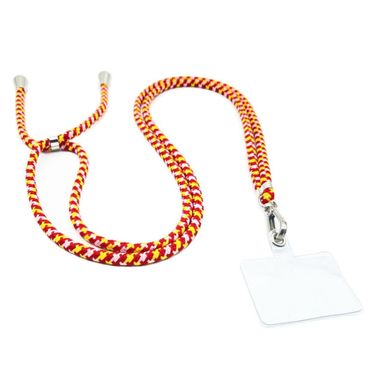 Phone lanyard worn around neck demonstrating hands-free device access with comfortable cord positioning
