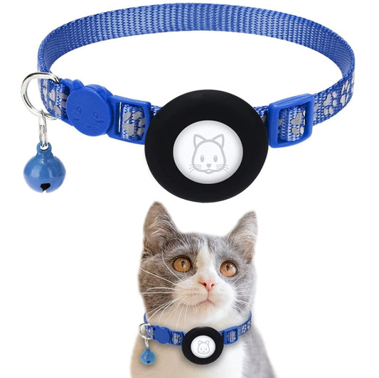 Blue reflective cat collar with bell and AirTag 2nd Gen holder for pet safety
