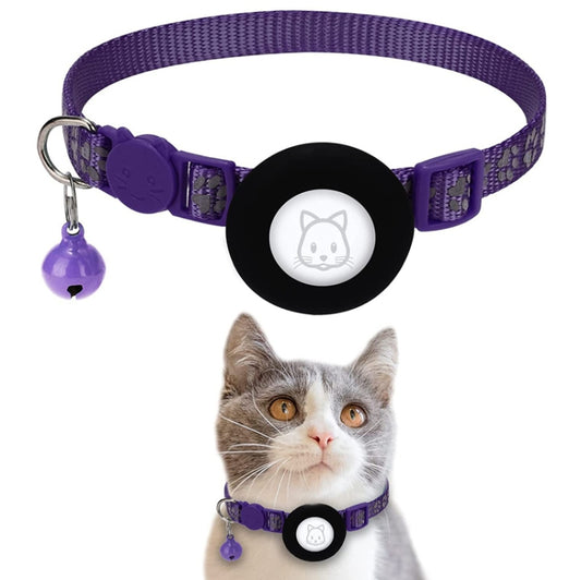 Purple nylon pet collar featuring reflective strips and integrated AirTag pocket