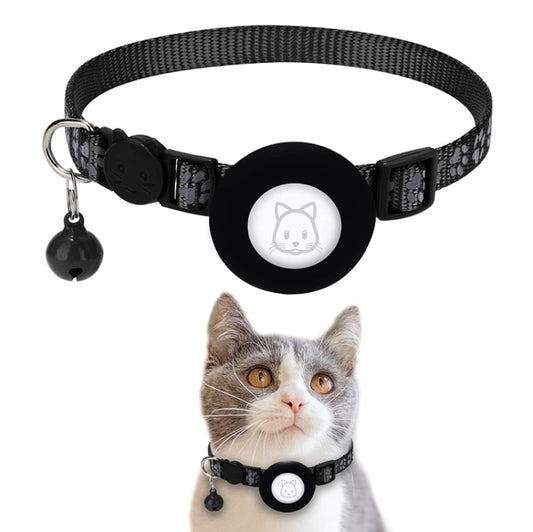 Black cat collar with jingling bell and secure AirTag 1st Gen attachment loop