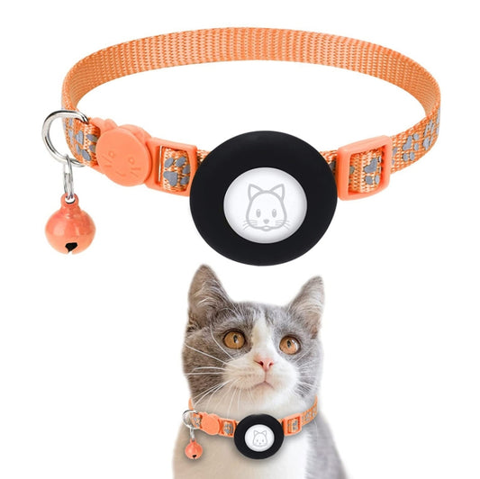 Orange adjustable cat collar with reflective material and AirTag 2nd Gen slot