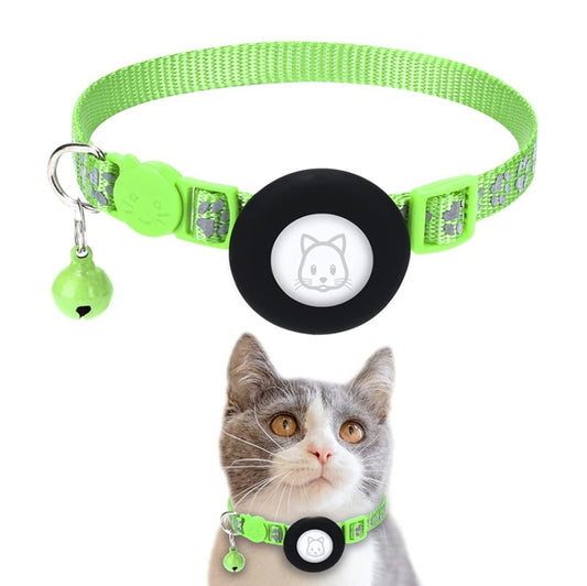 Light green pet collar showing reflective stitching and bell attachment detail