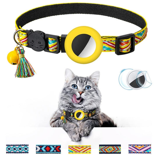 Colorful bell tassel AirTag collar for pets in vibrant yellow, green, blue, purple, and more shades