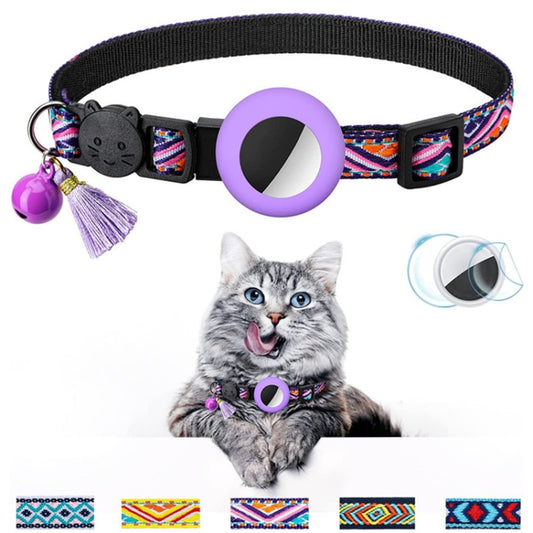 Green AirTag pet collar featuring decorative bell and tassel, compatible with all AirTag models