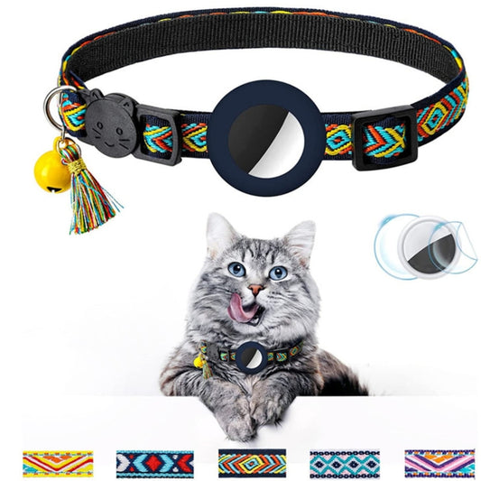 Blue and purple pet AirTag collar variants with colorful tassels and functional tracking bells