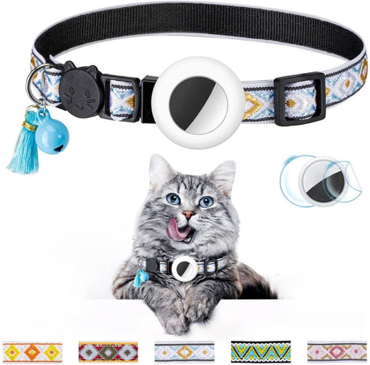 Pet safety collar with attached bell and tassel loop fits standard AirTag tracking devices