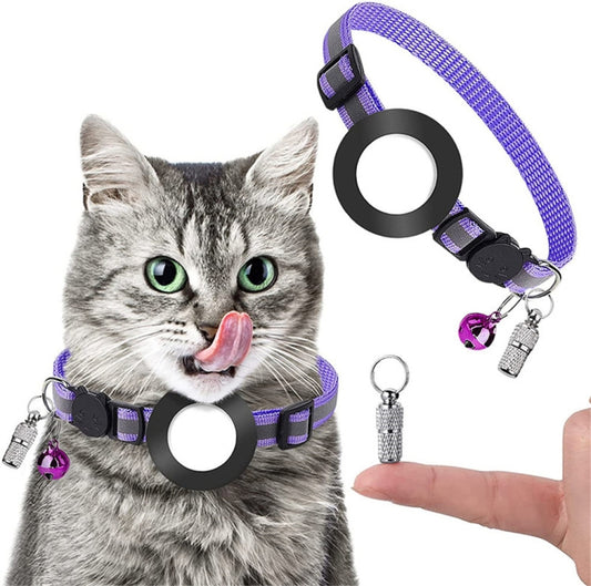 Purple anti-lost dog collar attachment featuring integrated AirTag holder and jingling bell