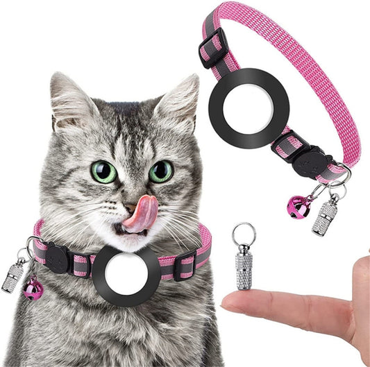 Pink AirTag pet collar accessory with engraved address tag and safety bell detail