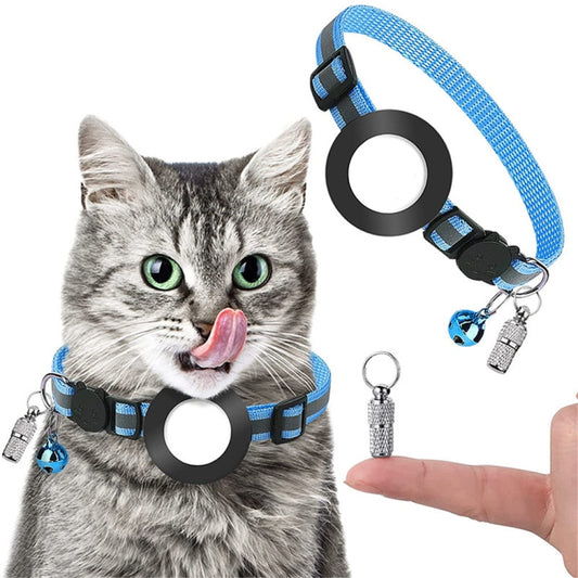 Blue AirTag dog collar tracker displaying bell mechanism and secure fastening system