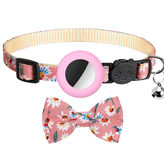Yellow printed AirTag pet collar featuring decorative bow and jingle bell attachment