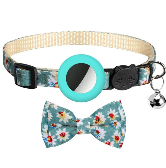 Deep blue pet tracking collar with bow knot and bell for Apple AirTag protection