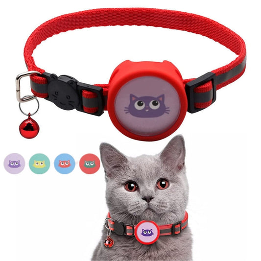 Red reflective pet collar with bell holding AirTag 2nd Gen, front view