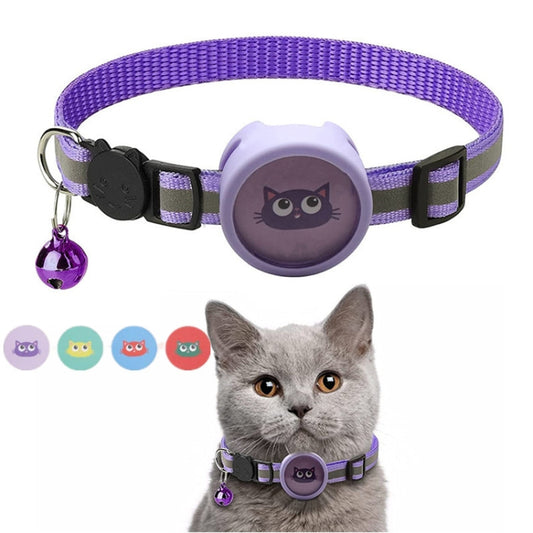 AirTag dog collar in purple with safety bell and reflective strip design