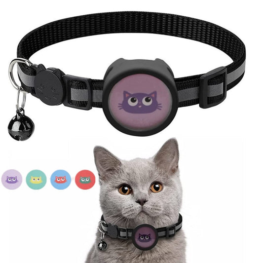 Black pet collar featuring AirTag holder, reflective material and jingling bell
