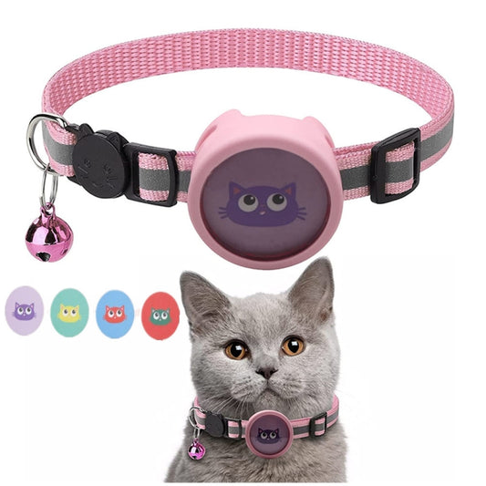Pink reflective collar for cats and small dogs with integrated AirTag pocket