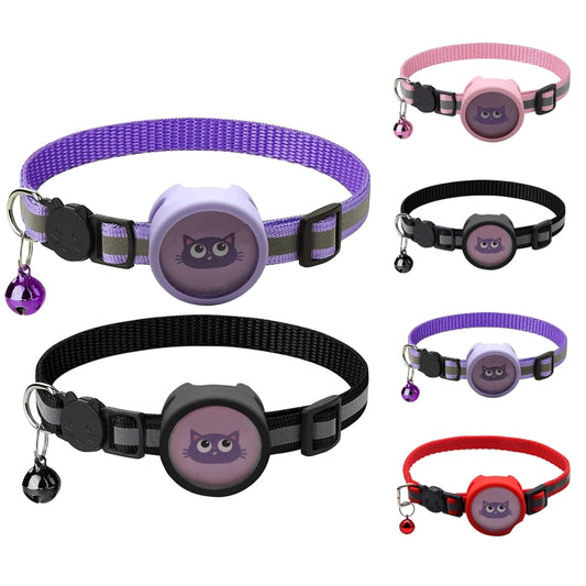 Close-up of AirTag attachment mechanism on reflective pet collar with bell