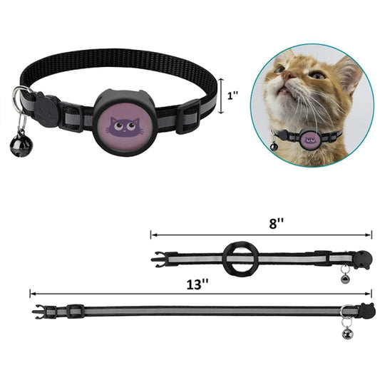Reflective collar set showing red, purple, black, pink color options for AirTag