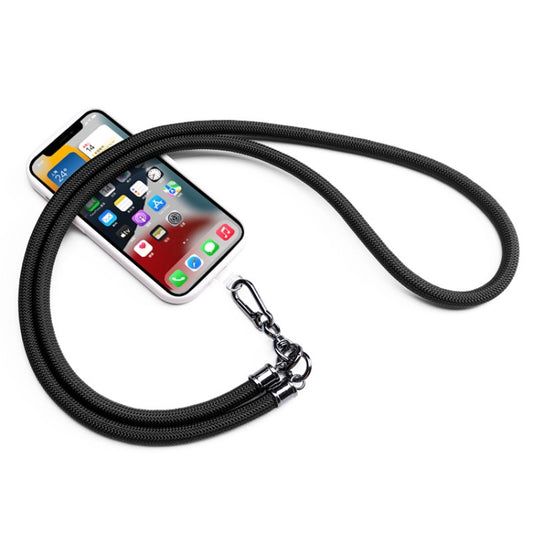 Black mountaineering rope phone lanyard with secure attachment, versatile neck and crossbody wear