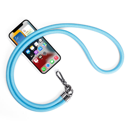 Sky blue nylon phone lanyard with adjustable length, ideal for hands-free smartphone access