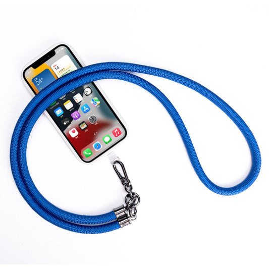 Gem blue mountaineering cord lanyard showing dual wear options for neck or shoulder mounting