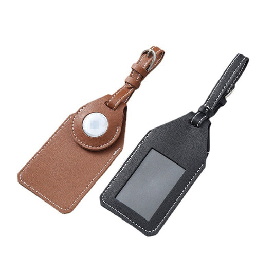 Slim PU AirTag case dimensions displayed, fits easily in bags or attaches to luggage tags
