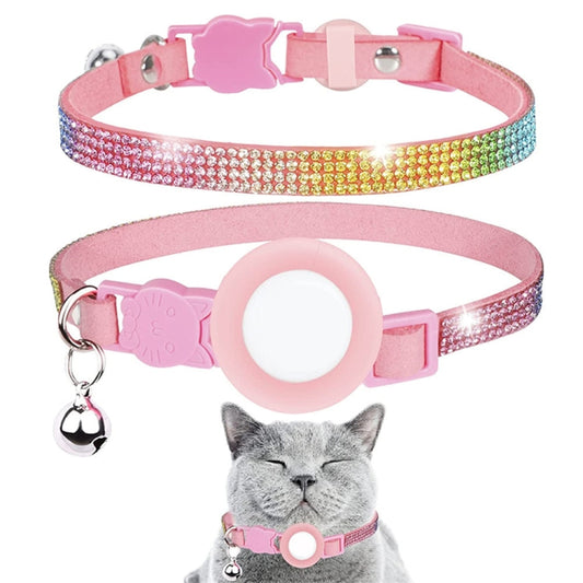 Rhinestone pet collar with bell for AirTag 2nd Gen tracker, white diamond black design