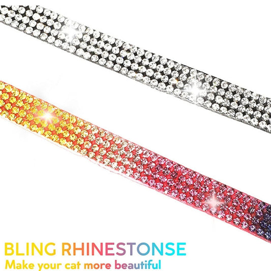 Close-up of sparkling rhinestone embellishments and metal bell on AirTag collar