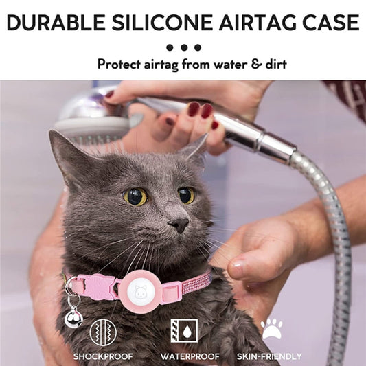Black diamond crystal pet collar showing adjustable sizing and secure AirTag attachment