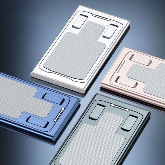 Multi-angle phone live holder setup showing grey, rose gold, silver, blue options