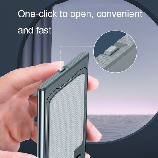 Flat lay view of portable aluminum phone stand with quick-fold design