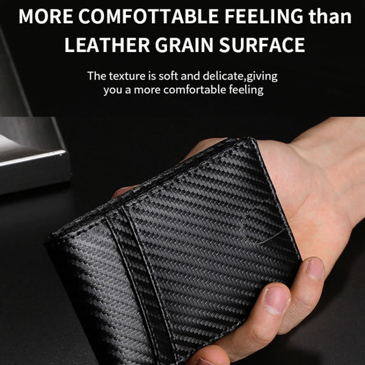 Carbon fiber texture detail on premium leather AirTag tracker wallet for Apple devices