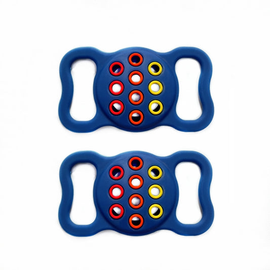 Black and dark blue silicone AirTag collar covers with perforated design for pet tracking tags