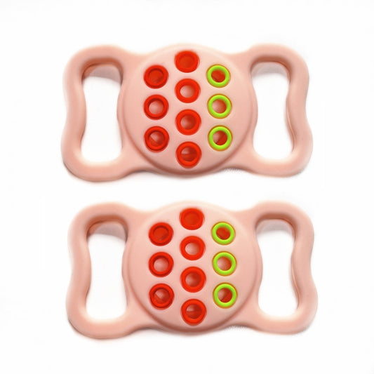 Pink and dark green silicone AirTag 2nd gen protective collar covers with breathable perforations