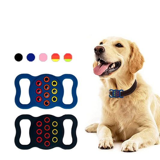Close-up of perforated silicone texture on colorful AirTag pet collar protective covers