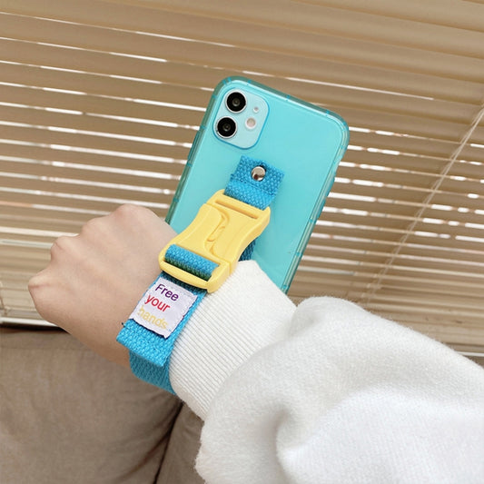 Phone case with integrated lanyard in multiple bright colors stacked together