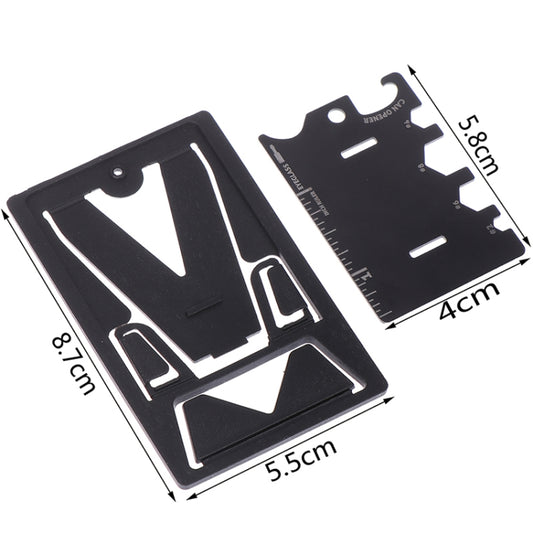 Close-up of integrated bottle opener and tool card detail on portable phone holder