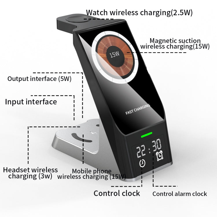 H27 15W  6 In 1 With Clock Function Magnetic Phone Wireless Charger For iWatch/AirPods