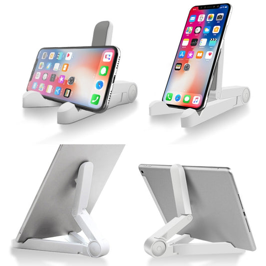 Compact folding phone holder accommodating various device sizes, ideal for desks and workspaces