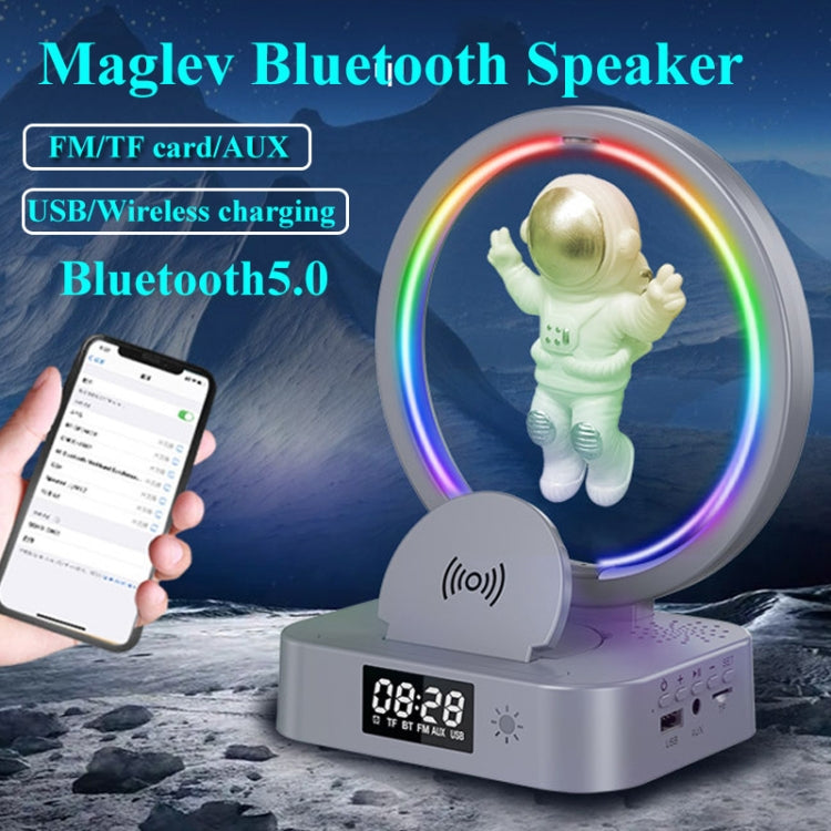 Enceinte Bluetooth TWS Y-558 à lévitation magnétique pour astronaute avec éclairage RVB, style : doré basique, argenté basique, horloge dorée, horloge argentée, chargement sans fil doré, chargement sans fil argenté