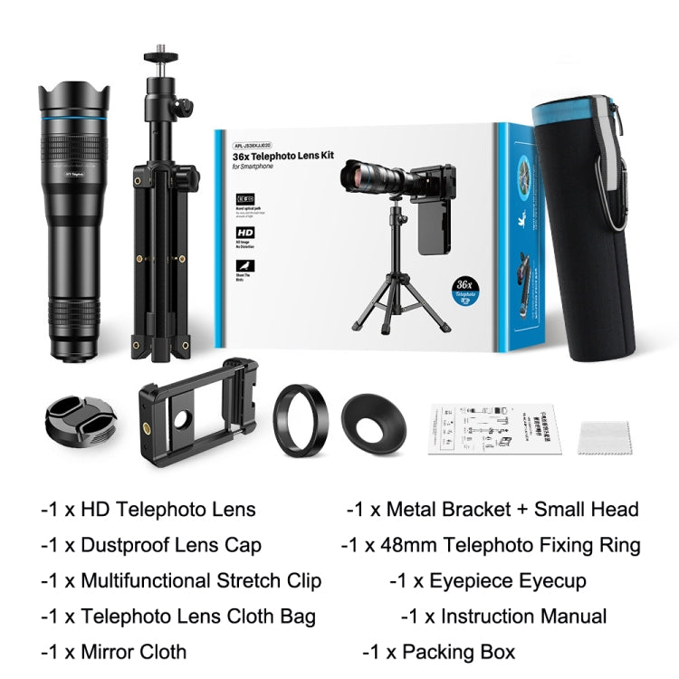 Apexel APL-36XJJ020 36X HD Telescope Universal Telephoto Phone Lens + Clip + Tripod Set, APL-36XJJ020