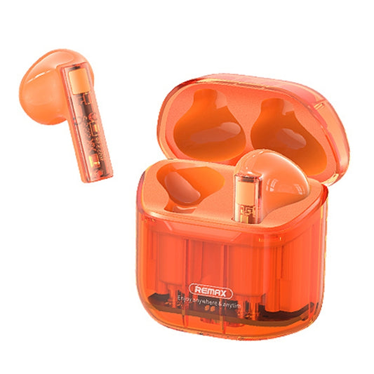 Individual REMAX CozyBuds 6C earbud showcasing crystal-clear transparent shell build